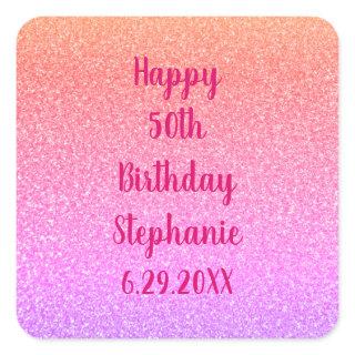 Glittery Rose Gold Pink Custom Happy Birthday Name Square Sticker