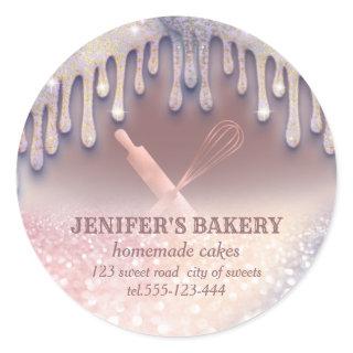 Glittery rose gold rolling pin & whisk chef bakery classic round sticker