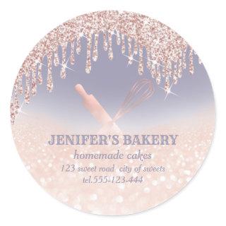 Glittery rose gold rolling pin & whisk chef bakery classic round sticker
