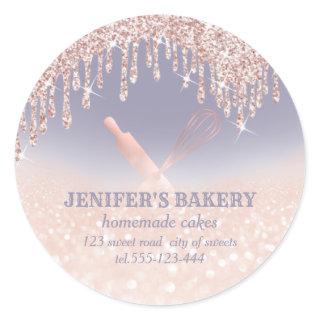 Glittery rose gold rolling pin & whisk chef bakery classic round sticker