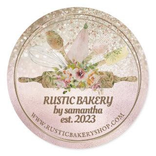 Glittery rose gold rolling pin whisk rustic bakery classic round sticker