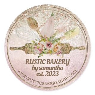 Glittery rose gold rolling pin whisk rustic bakery classic round sticker