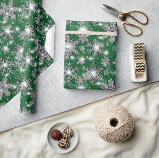 Glittery silver green festive snowflake pattern