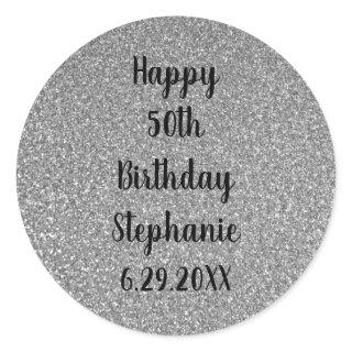 Glittery Silver Grey Custom Happy Birthday Name Classic Round Sticker