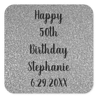 Glittery Silver Grey Custom Happy Birthday Name Square Sticker