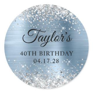 Glittery Silver Light Blue Foil 40th Birthday Classic Round Sticker