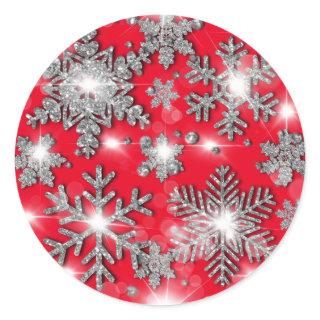 Glittery silver red  festive snowflake pattern    classic round sticker