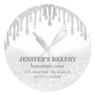 Glittery silver rolling pin & whisk chef bakery classic round sticker