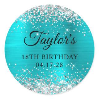 Glittery Silver Turquoise Blue Foil 18th Birthday Classic Round Sticker