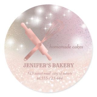 Glittery sparkle rolling pin & whisk chef bakery classic round sticker