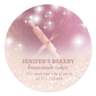 Glittery sparkle rolling pin & whisk chef bakery classic round sticker