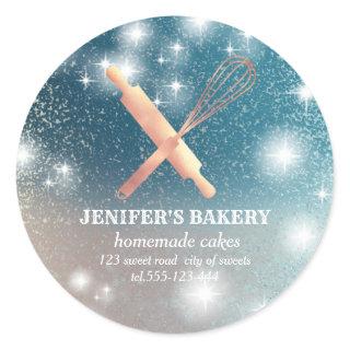 Glittery sparkle rolling pin & whisk chef bakery classic round sticker