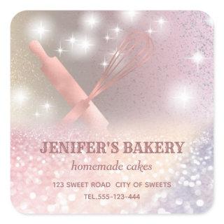 Glittery sparkle rolling pin & whisk chef bakery s square sticker