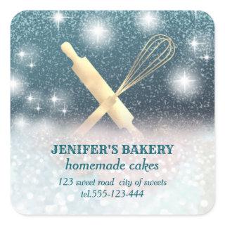 Glittery sparkle rolling pin & whisk chef bakery square sticker