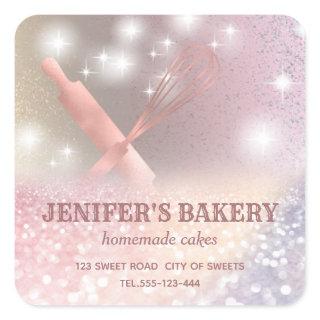 Glittery sparkle rolling pin & whisk chef bakery  square sticker