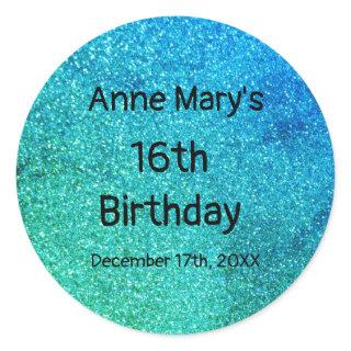 Glittery Teal Blue Green Sparkle 16th Birthday Classic Round Sticker
