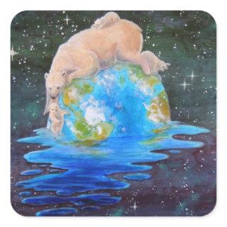 Global Warming Polar Bear and Cubs Square Sticker