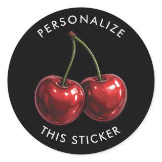 Glossy Red Cherries Black Retro Party Classic Round Sticker