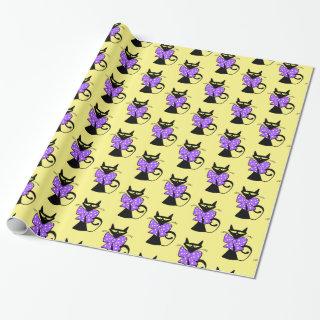 Glossy , Yellow Black Cat Purple Bow