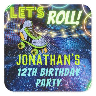 Glow Roller Skating Boys Birthday Party Favor Square Sticker