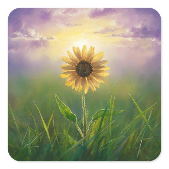 Glowing Sunflower In Grassy Field Square Sticker