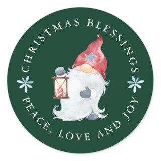 Gnome Christmas Blessings Peace Love Joy  Classic Round Sticker