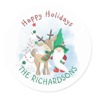 Gnome Deer and Christmas Tree Cute Classic Round Sticker