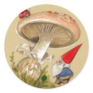 Gnome find a Ladybug and Mushroom Classic Round Sticker