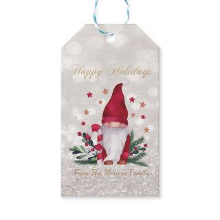 Gnome,Pine Tree Branches,Stars,Candy Glitter Bokeh Gift Tags