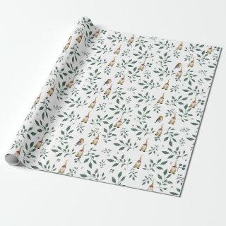 Gnomes and Birds with Green Foliage on White