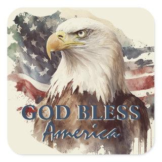 God Bless America Patriotic Eagle Watercolor Square Sticker