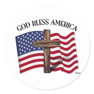 GOD BLESS AMERICA with rugged cross & US flag Classic Round Sticker