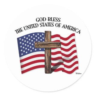 GOD BLESS UNITED STATES OF AMERICA cross US flag Classic Round Sticker