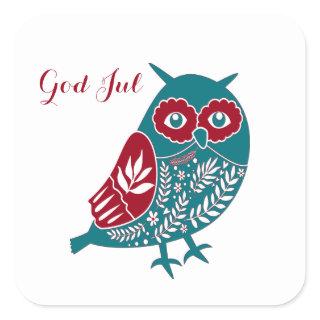 God Jul Scandinavian Blue and Red Owl Square Sticker