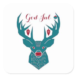 God Jul Scandinavian Blue and Red Reindeer Square Sticker