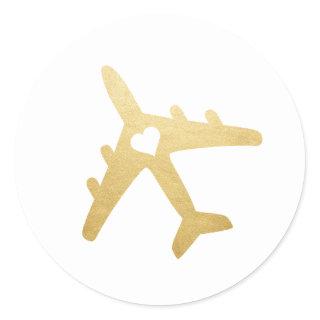 Gold Airplane Heart Travel Destination Wedding Classic Round Sticker