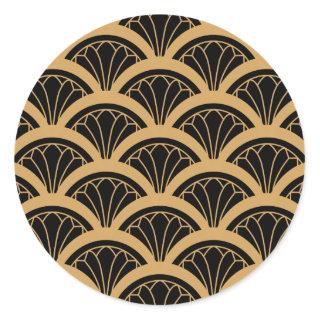 Gold and Black Art Deco Fan Flower Pattern   Classic Round Sticker