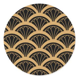 Gold and Black Art Deco Fan Flower Pattern   Classic Round Sticker