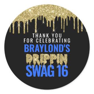 Gold and Blue Drippin Swag 16 Birthday  Classic Round Sticker
