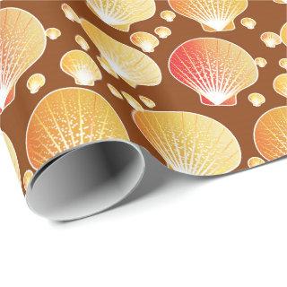 Gold and coral seashells on coffee brown