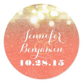 Gold and Peach Glitter String Lights Wedding Classic Round Sticker