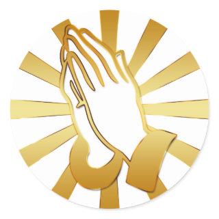 GOLD AND WHITE PRAYING HANDS CLASSIC ROUND STICKER