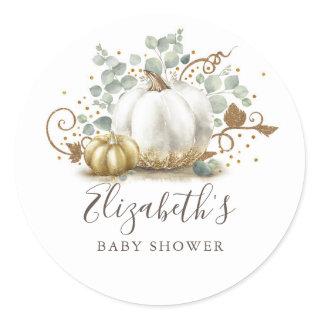 Gold and White Pumpkin Fall Baby Shower Classic Round Sticker