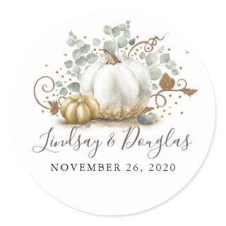 Gold and White Pumpkin Fall Wedding Classic Round Sticker
