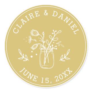 Gold and White Save the Date Mason Jar Flowers Classic Round Sticker