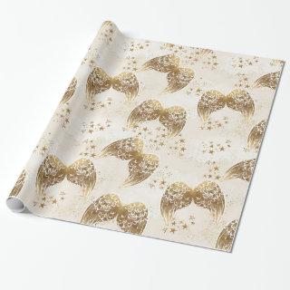 Gold Angel Wings & Stars Gift Wrap Paper