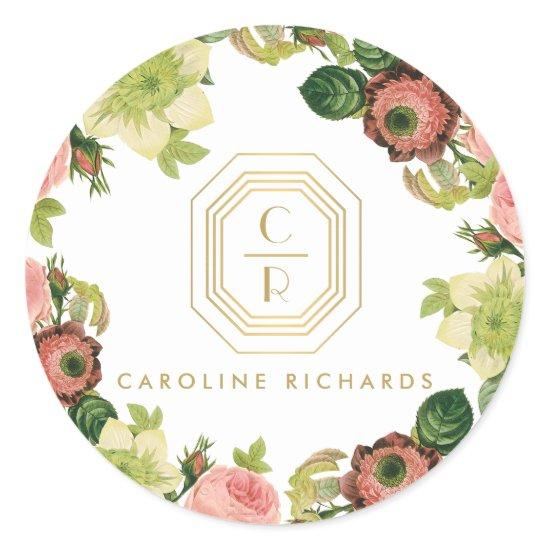 Gold Art Deco Monogram with Vintage Florals Classic Round Sticker