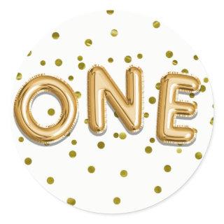 Gold Balloons & Confetti ONE 1st Birthday Party Classic Round Sticker