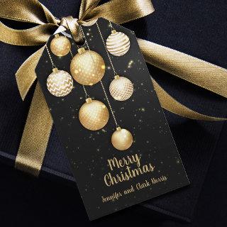 Gold Baubles Christmas Ornaments on Black Favor Gift Tags