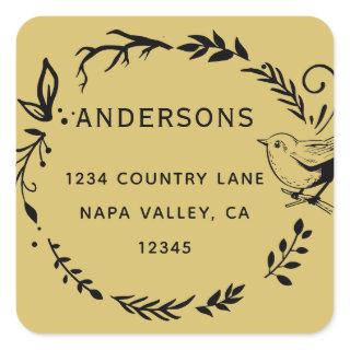 Gold Bird & Botanical Wreath Return Address  Square Sticker